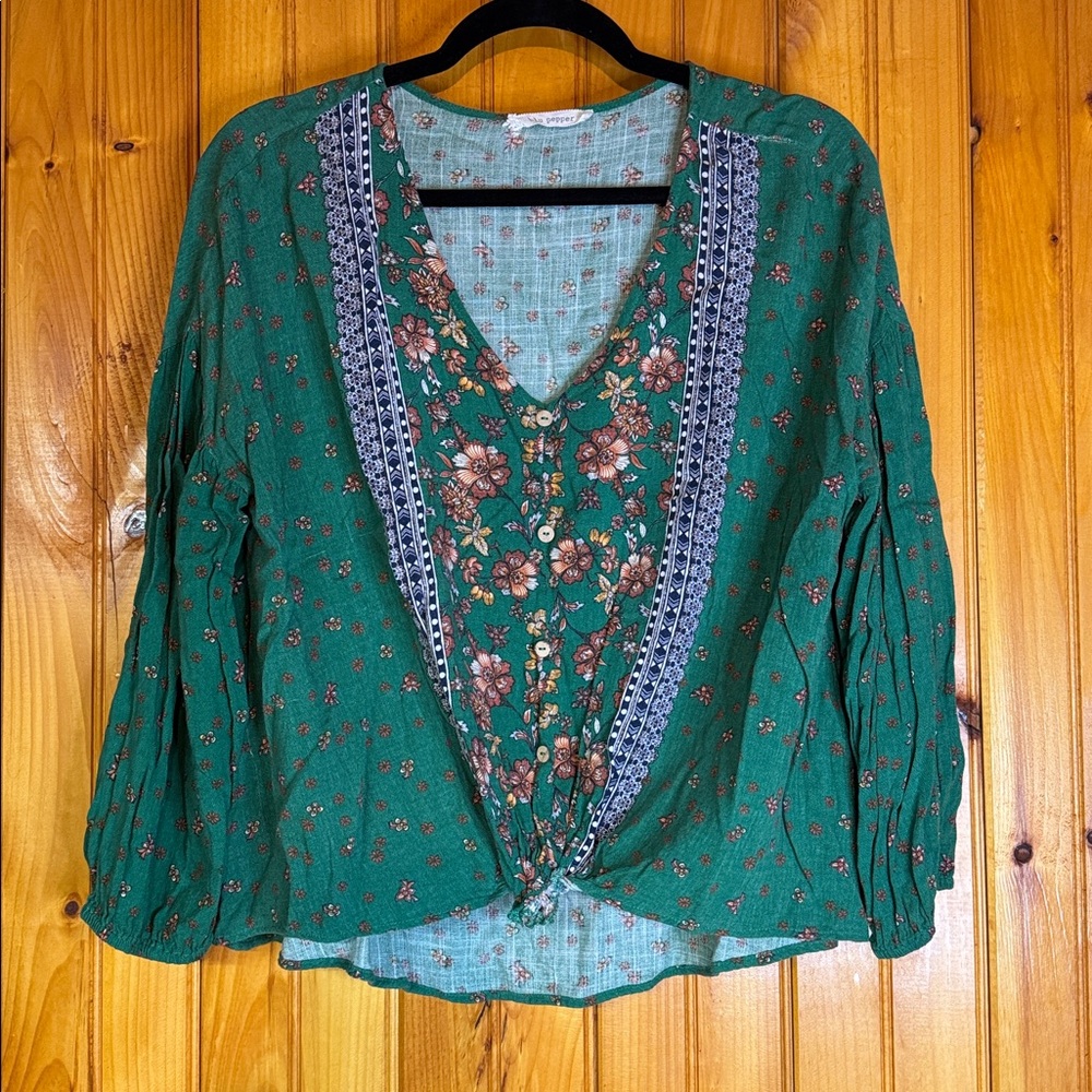 Blu Pepper Green and Orange Floral Blouse
